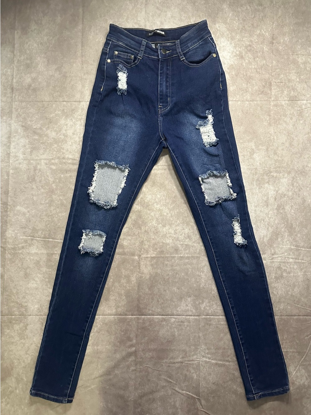 Ripped High-Waist Skinny Jeans - Dark Blue
